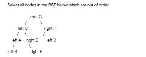 Select all nodes in the BST below which are out of order. 1 left C 1 left B root G left A right E 1 1 right F