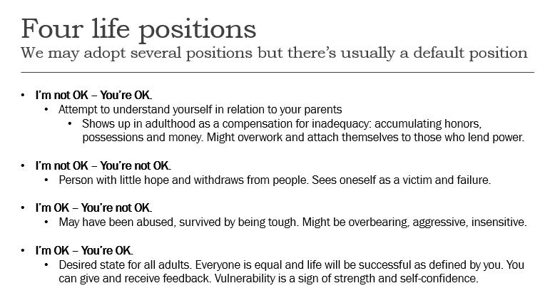 Four life positions We may adopt several positions but there's usually a default position I'm not OK - You're