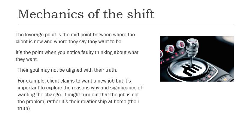 Mechanics of the shift The leverage point is the mid-point between where the client is now and where they say