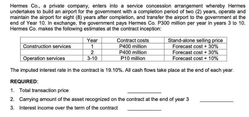 Hermes Co., a private company, enters into a service concession arrangement whereby Hermes undertakes to