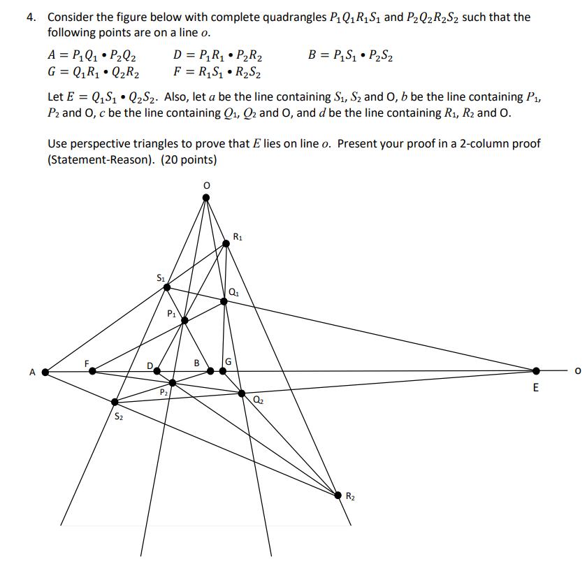 4. Consider the figure below with complete quadrangles PQRS and PQ2RS such that the following points are on a