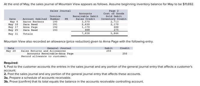 At the end of May, the sales journal of Mountain View appears as follows. Assume beginning inventory balance