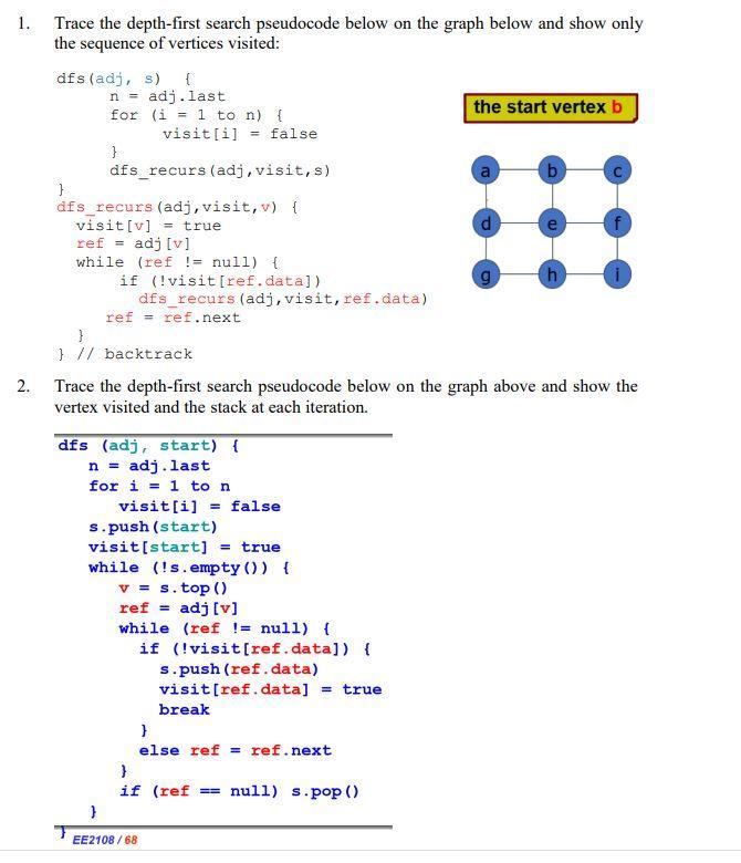 1. 2. Trace the depth-first search pseudocode below on the graph below and show only the sequence of vertices