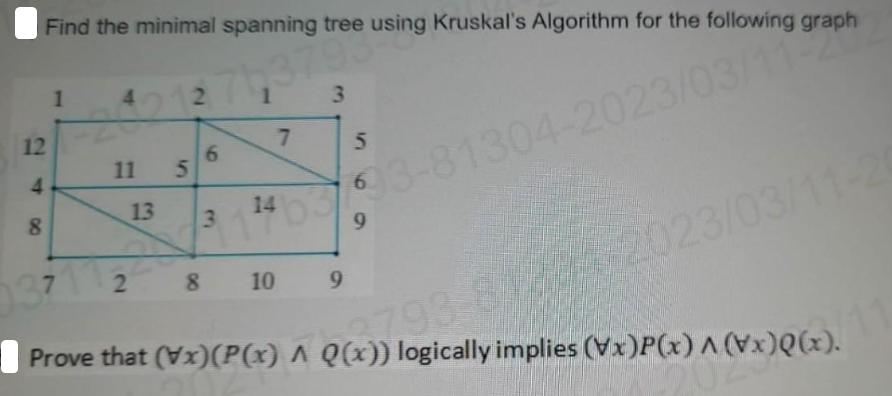 Find the minimal spanning tree using Kruskal's Algorithm for the following graph 743799 3 12 4 8 1 4 2 11 5