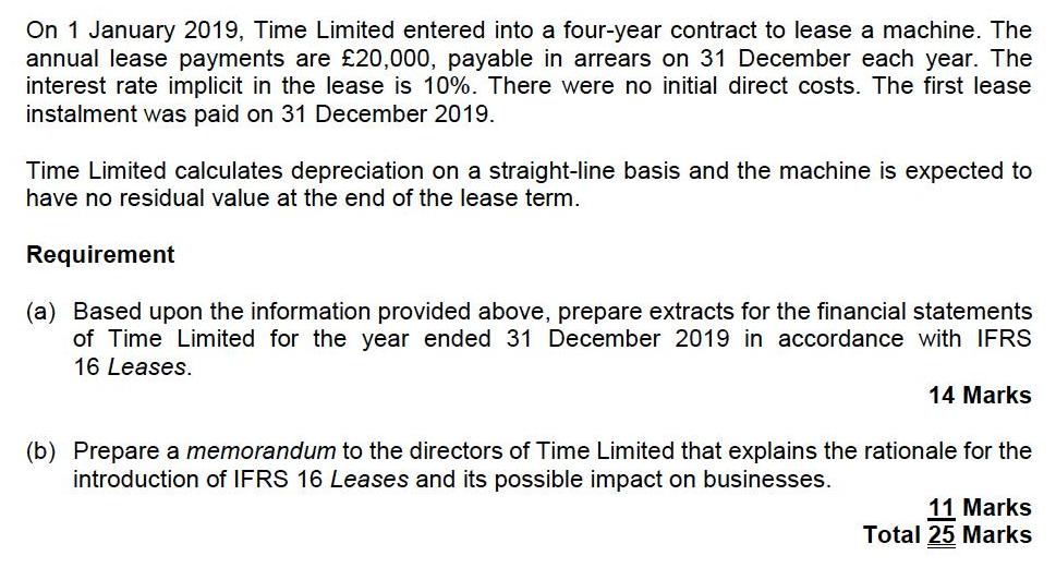 On 1 January 2019, Time Limited entered into a four-year contract to lease a machine. The annual lease