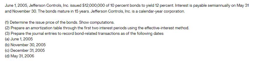 June 1, 2005, Jefferson Controls, Inc. issued $12,000,000 of 10 percent bonds to yield 12 percent. Interest