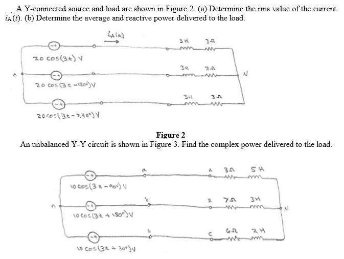A Y-connected source and load are shown in Figure 2. (a) Determine the rms value of the current iA (1). (b)