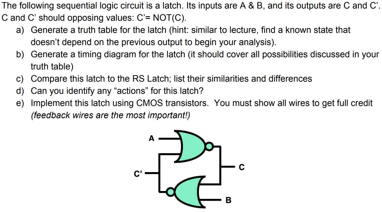 The following sequential logic circuit is a latch. Its inputs are A & B, and its outputs are C and C'. C and