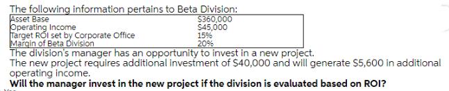 The following information pertains to Beta Division: Asset Base Operating Income Target ROI set by Corporate