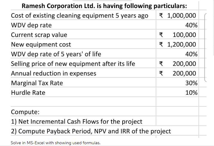 Ramesh Corporation Ltd. is having following particulars: Cost of existing cleaning equipment 5 years ago