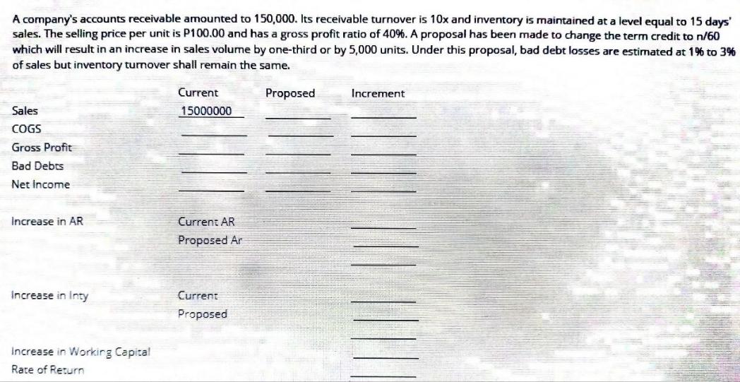 A company's accounts receivable amounted to 150,000. Its receivable turnover is 10x and inventory is