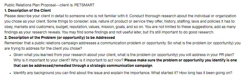 Public Relations Plan Proposal---client is: PETSMART 1. Description of the Client Please describe your client