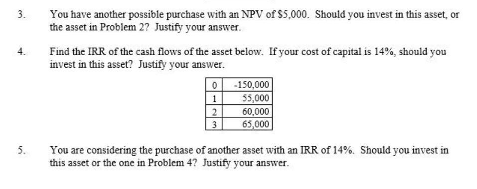 3. 4. 5. You have another possible purchase with an NPV of $5,000. Should you invest in this asset, or the