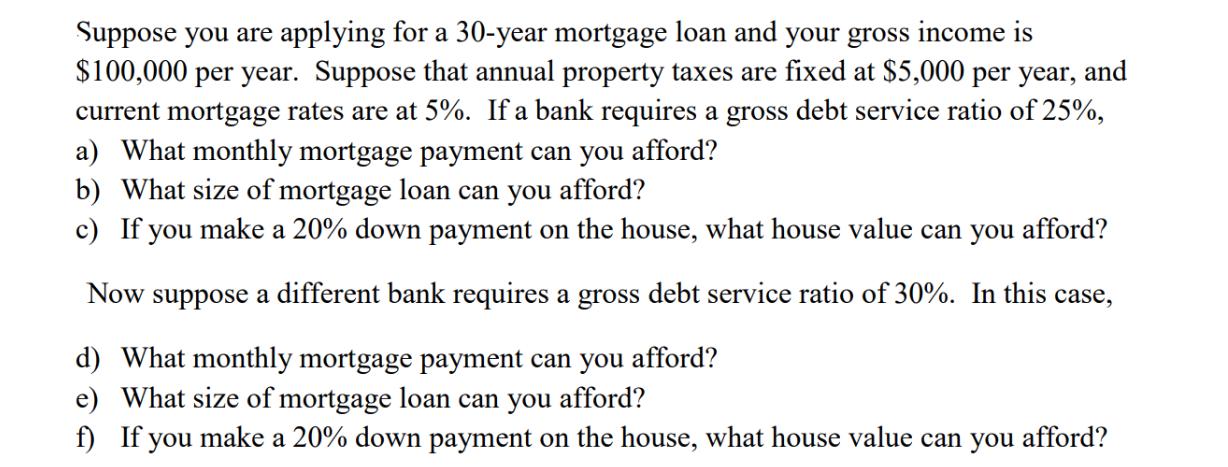 Suppose you are applying for a 30-year mortgage loan and your gross income is $100,000 per year. Suppose that