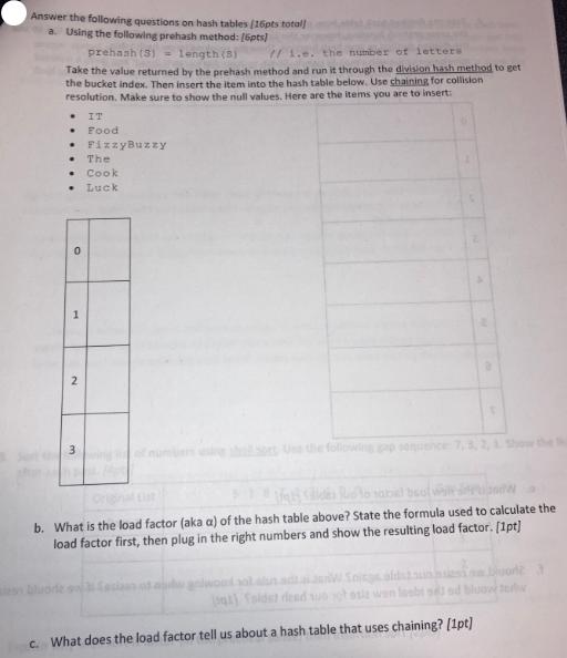 Answer the following questions on hash tables (16pts total a. Using the following prehash method: [6pts]