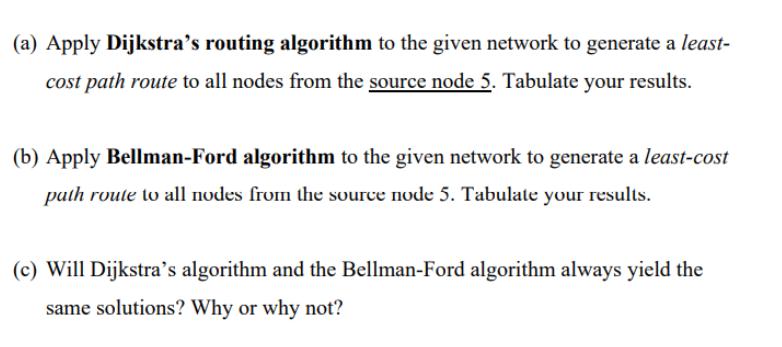 (a) Apply Dijkstra's routing algorithm to the given network to generate a least- cost path route to all nodes