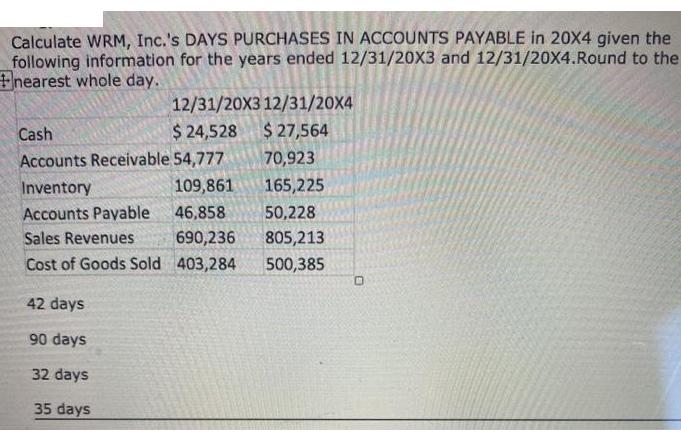 Calculate WRM, Inc.'s DAYS PURCHASES IN ACCOUNTS PAYABLE in 20X4 given the following information for the