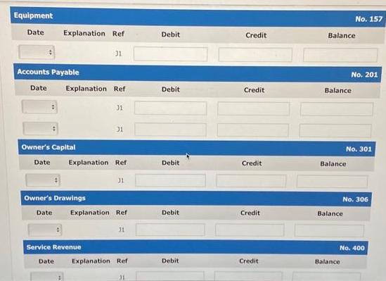 Equipment Date Explanation Ref Accounts Payable Date Explanation Ref Owner's Capital Date Explana Owner's