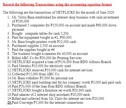 Record the following Transactions using the accounting equation format The following are the transactions of