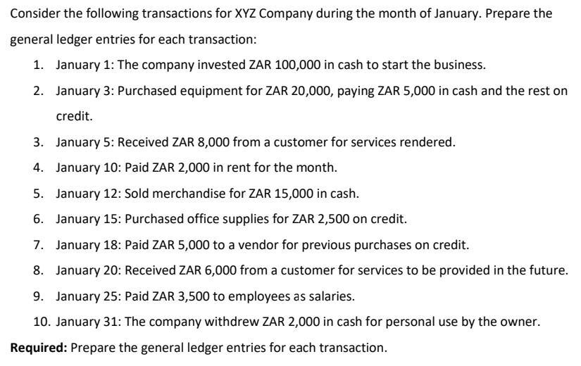 Consider the following transactions for XYZ Company during the month of January. Prepare the general ledger