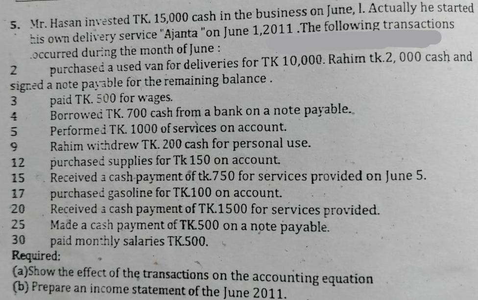 5. Mr. Hasan invested TK. 15,000 cash in the business on June, 1. Actually he started his own delivery