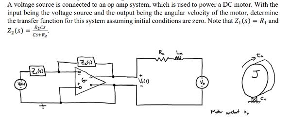 A voltage source is connected to an op amp system, which is used to power a DC motor. With the input being
