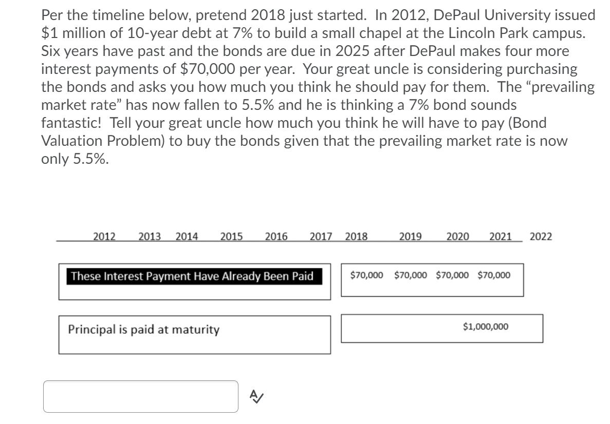 Per the timeline below, pretend 2018 just started. In 2012, DePaul University issued $1 million of 10-year