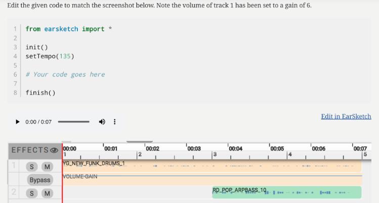 Edit the given code to match the screenshot below. Note the volume of track 1 has been set to a gain of 6. 1