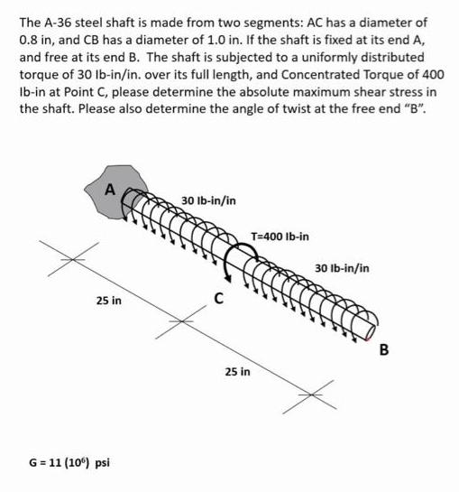 The A-36 steel shaft is made from two segments: AC has a diameter of 0.8 in, and CB has a diameter of 1.0 in.