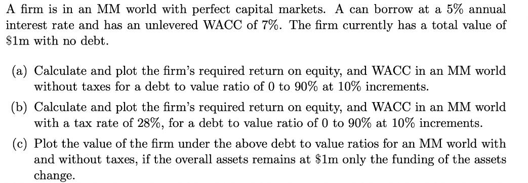 A firm is in an MM world with perfect capital markets. A can borrow at a 5% annual interest rate and has an