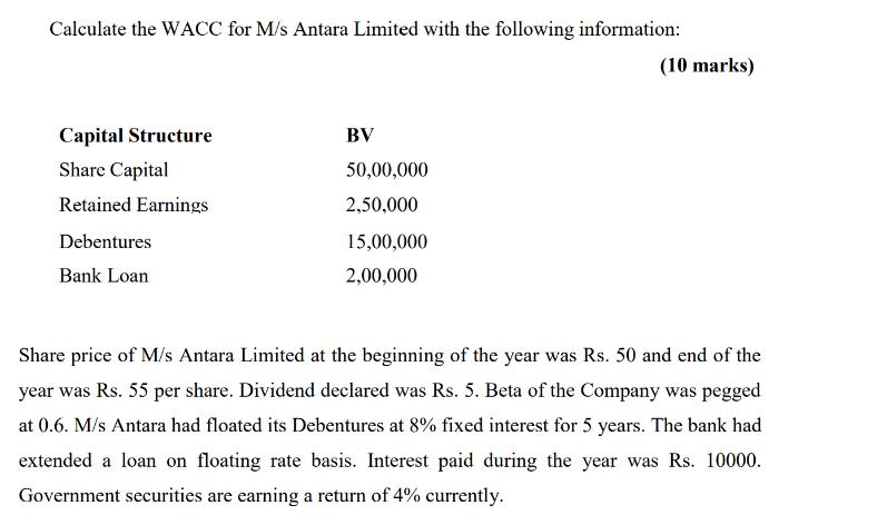 Calculate the WACC for M/s Antara Limited with the following information: Capital Structure Share Capital