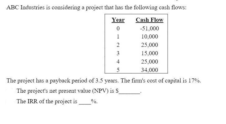 ABC Industries is considering a project that has the following cash flows: Year Cash Flow 0 -51,000 1 10,000