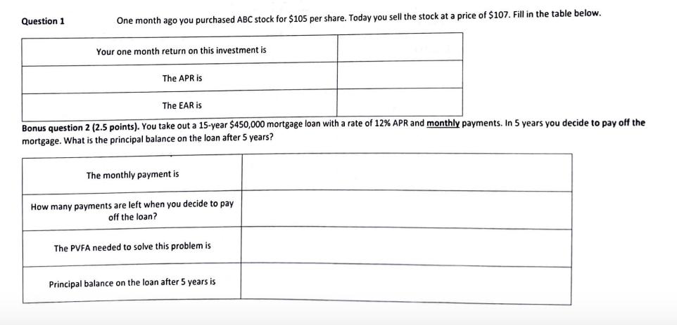 Question 1 One month ago you purchased ABC stock for $105 per share. Today you sell the stock at a price of