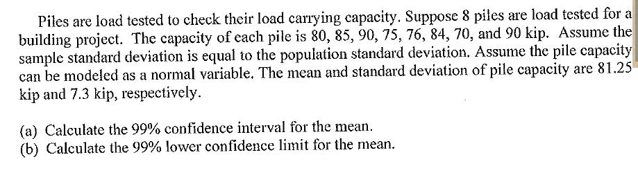 Piles are load tested to check their load carrying capacity. Suppose 8 piles are load tested for a building