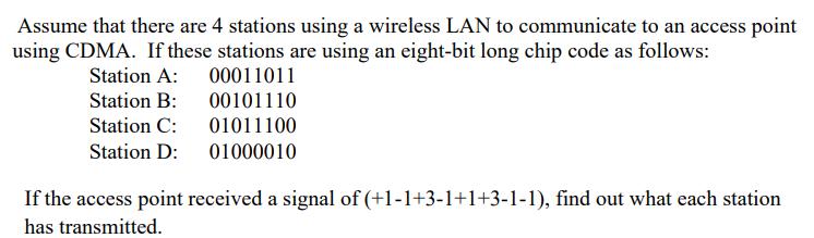 Assume that there are 4 stations using a wireless LAN to communicate to an access point using CDMA. If these