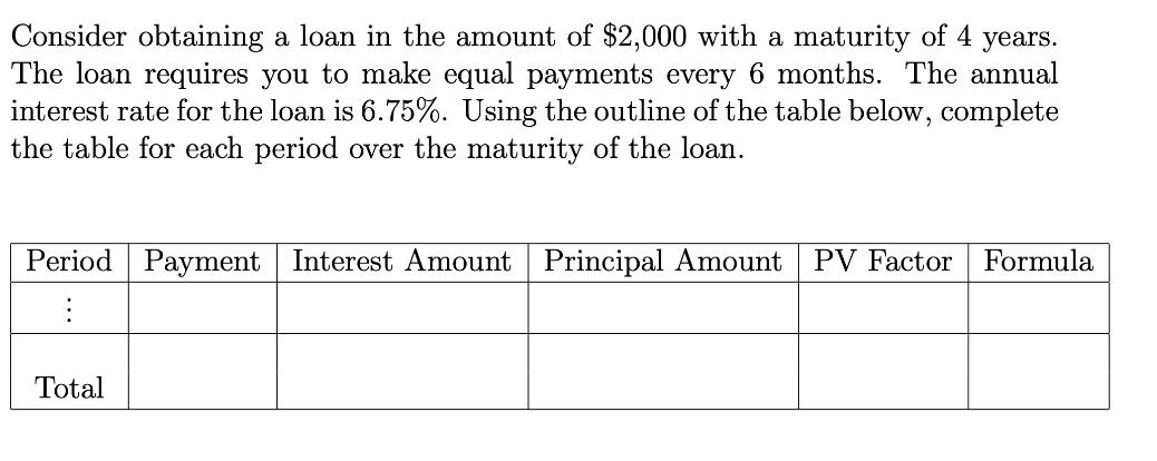 Consider obtaining a loan in the amount of $2,000 with a maturity of 4 years. The loan requires you to make