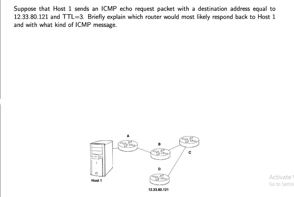 Suppose that Host 1 sends an ICMP echo request packet with a destination address equal to 12.33.80.121 and