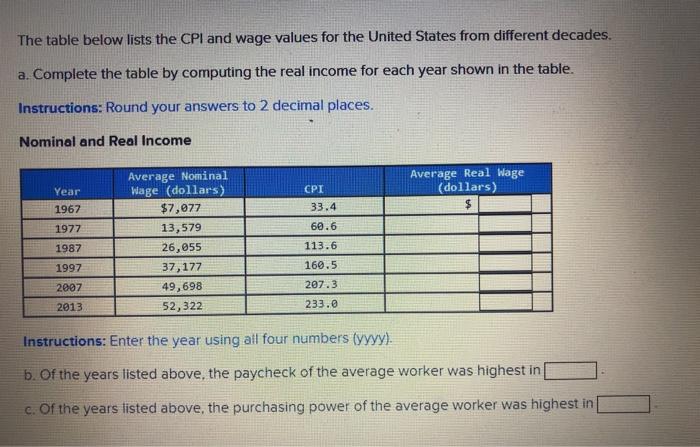 The table below lists the CPI and wage values for the United States from different decades. a. Complete the