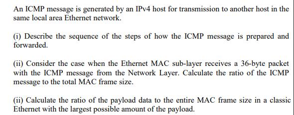An ICMP message is generated by an IPv4 host for transmission to another host in the same local area Ethernet
