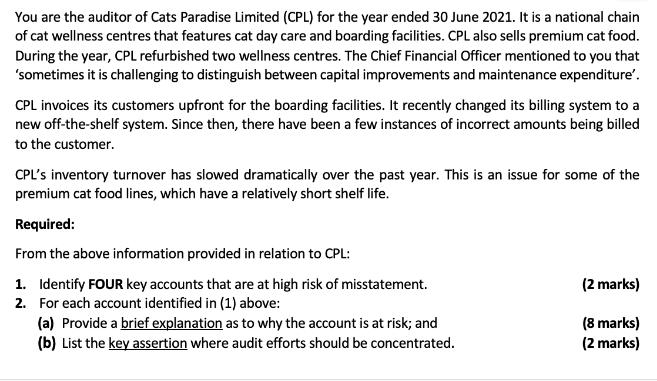 You are the auditor of Cats Paradise Limited (CPL) for the year ended 30 June 2021. It is a national chain of