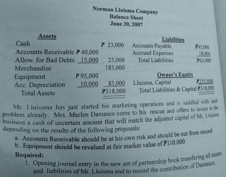 Assets Norman Lluisma Company Balance Sheet June 30, 2007 Cash Accounts Receivable P 40,000 Allow. for Bad