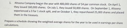 1. Altoona Company began the year with 400,000 shares of $4 par common stock. On April 1, they issued 160,000