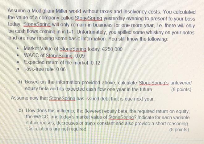 Assume a Modigliani Miller world without taxes and insolvency costs. You calculated the value of a company