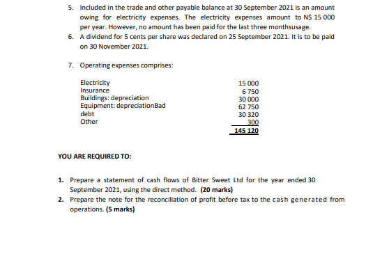 5. Included in the trade and other payable balance at 30 September 2021 is an amount owing for electricity