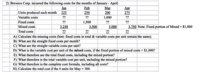 2) Brewers Corp. incurred the following costs for the months of January - April: Jan Feb Mar 225 200 250 ??
