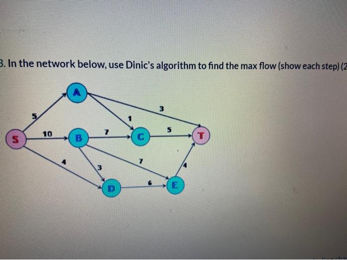 3. In the network below, use Dinic's algorithm to find the max flow (show each step) (2 S 10 B D E T