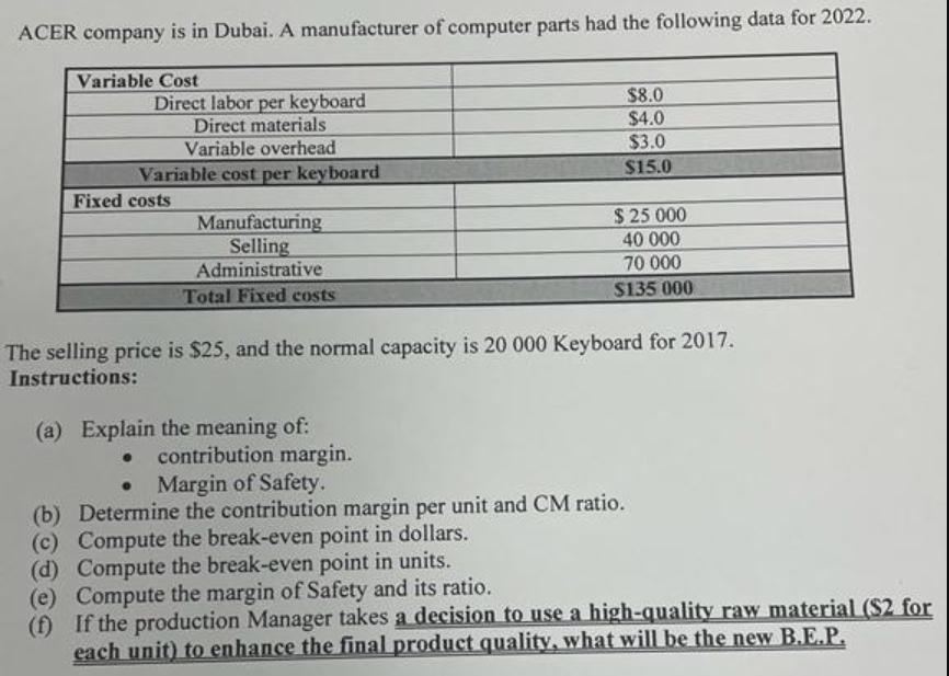 ACER company is in Dubai. A manufacturer of computer parts had the following data for 2022. Variable Cost