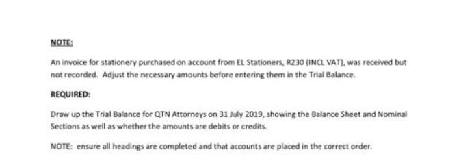 NOTE: An invoice for stationery purchased on account from EL Stationers, R230 (INCL VAT), was received but
