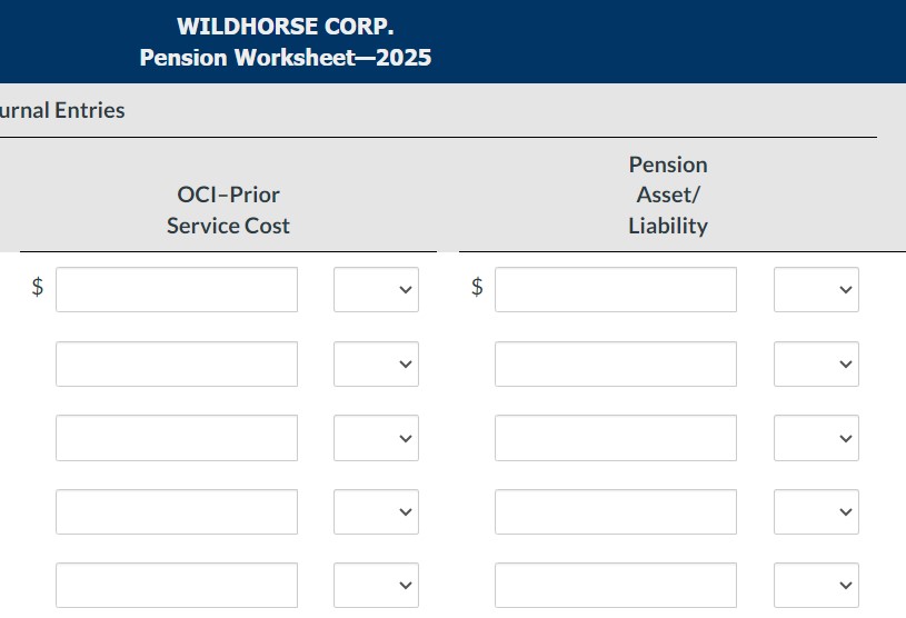 urnal Entries tA $ WILDHORSE CORP. Pension Worksheet-2025 OCI-Prior Service Cost > > < > $ Pension Asset/