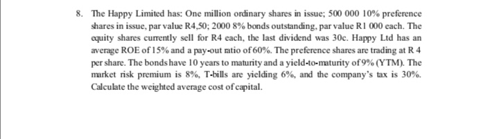 8. The Happy Limited has: One million ordinary shares in issue; 500 000 10% preference shares in issue, par